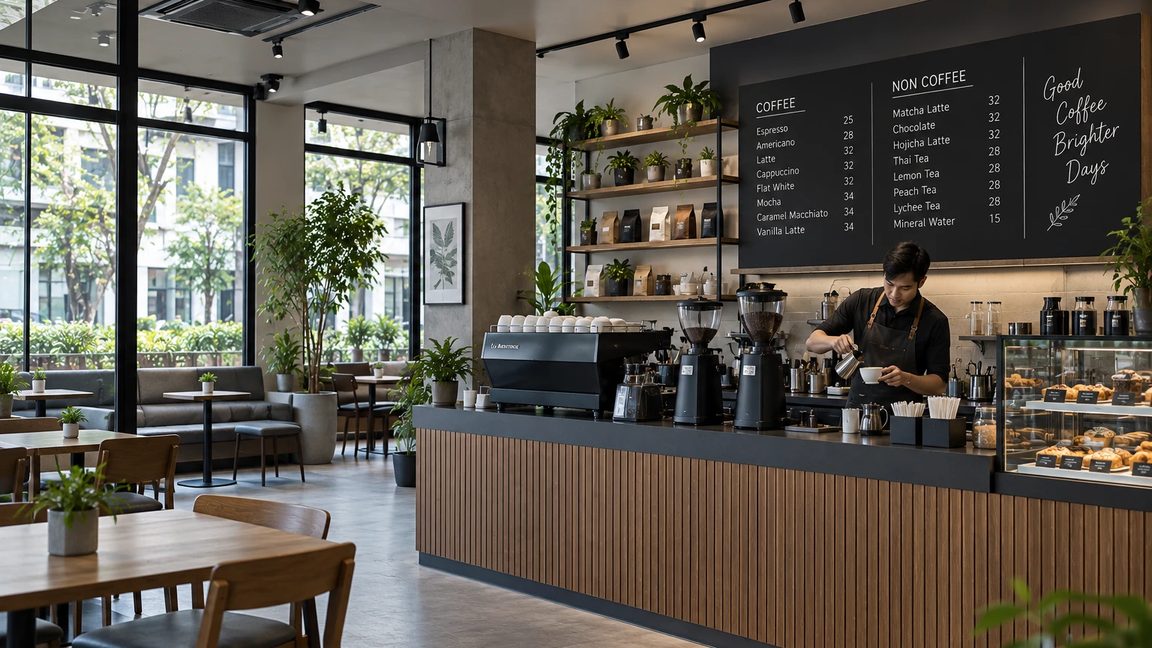 Contoh suasana kedai kopi: barista menyeduh kopi di depan papan menu