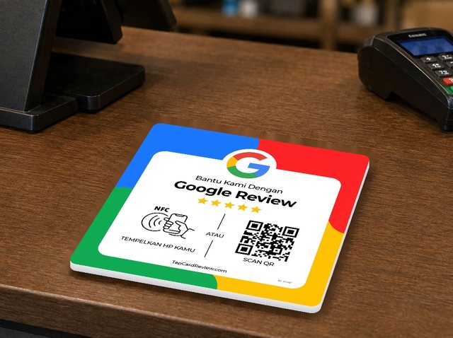 Standee ulasan Google TapCardReview di meja kasir kafe